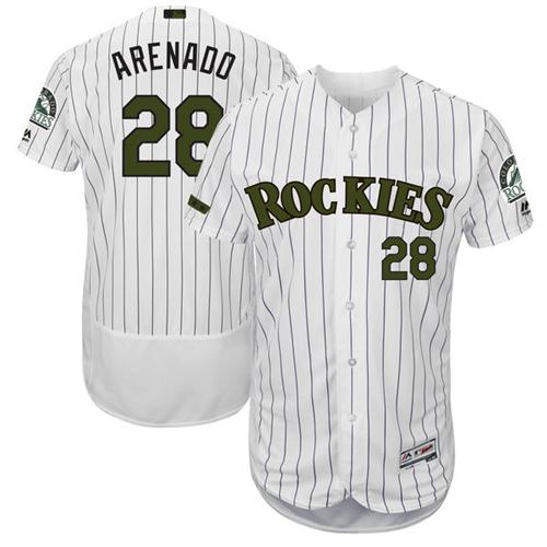 Rockies #28 Nolan Arenado White Strip Flexbase Authentic Collection Memorial Day Stitched MLB Jersey